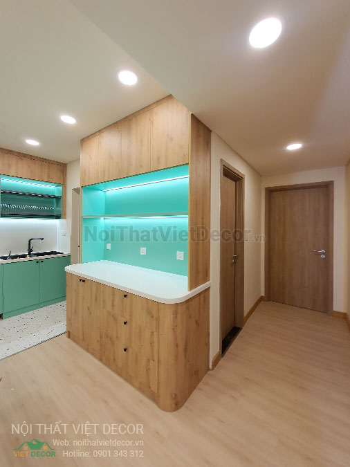 Nội thất Việt Decor thiết kế thi công nội thất căn hộ 3 phòng ngủ chung cư Diamond Alnata, quận Tân Phú TP Hồ Chí Minh, phòng khách bếp, tủ trang trí