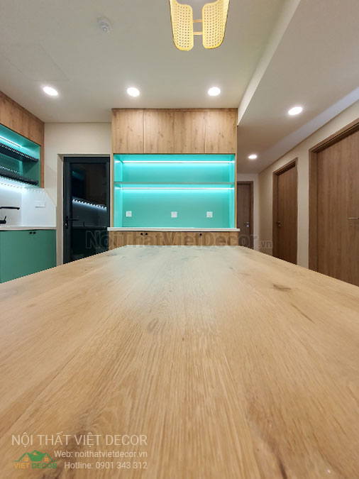 Nội thất Việt Decor thiết kế thi công nội thất căn hộ 3 phòng ngủ chung cư Diamond Alnata, quận Tân Phú TP Hồ Chí Minh, phòng khách bếp, bàn ăn