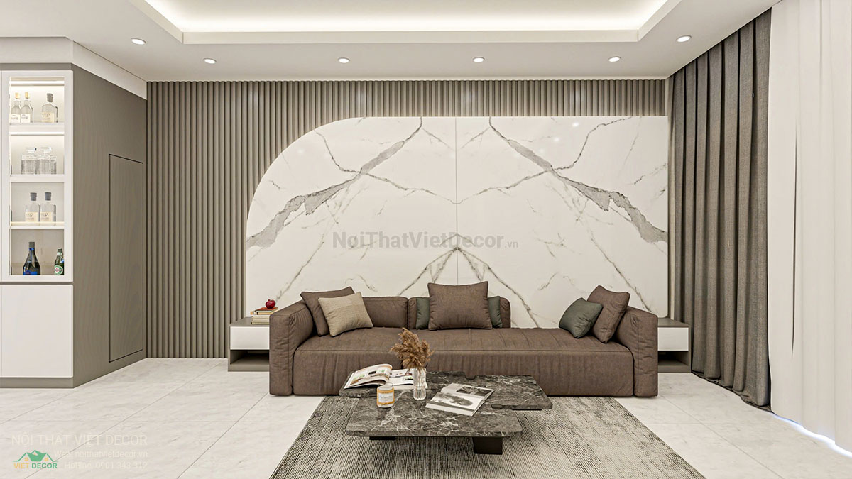 Nội thất Việt Decor thiết kế thi công nội thất nhà liên kế 3 tầng thuộc dự án Lavilla Tân An, Long An, vách ốp phòng khách