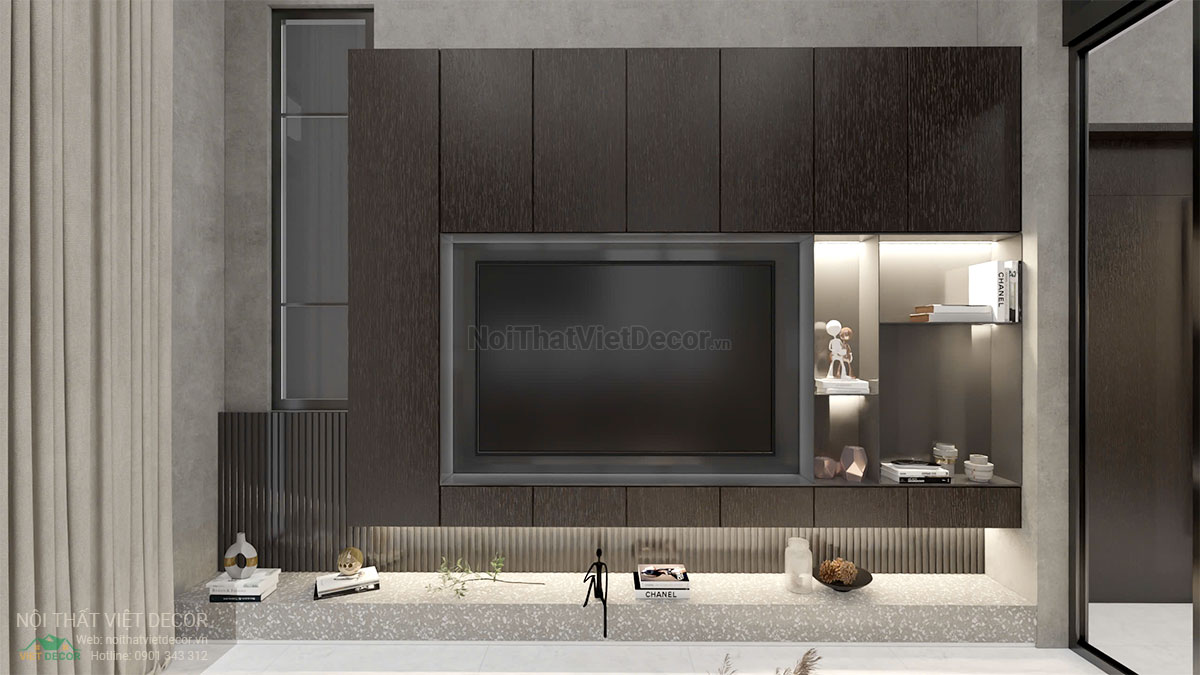 Nội thất Việt Decor thiết kế thi công nội thất hiện đại, biệt thự song lập 3 tầng tại Bến Lức Long An, kệ ti vi phòng khách