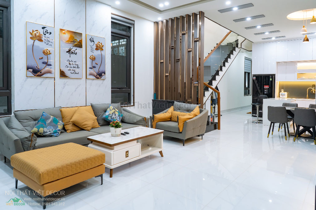 Nội Thất Việt Decor thiết kế thi công nội thất, tủ bếp gỗ công nghiệp An Cường, nhà phố 3 tầng tại thành phố Biên Hòa, Đồng Nai, sofa bàn trà, vách trang trí