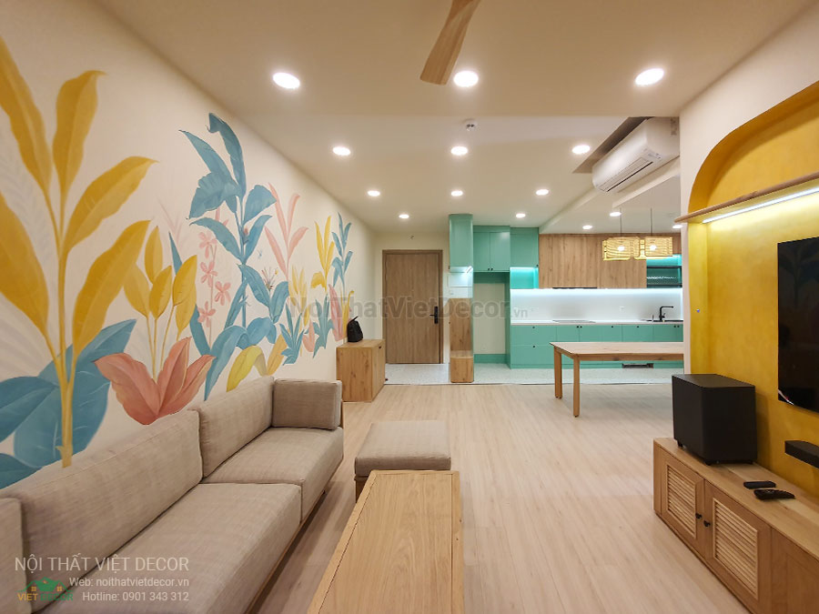 Nội thất Việt Decor thiết kế thi công nội thất căn hộ 3 phòng ngủ chung cư Diamond Alnata, quận Tân Phú TP Hồ Chí Minh, phòng khách bếp