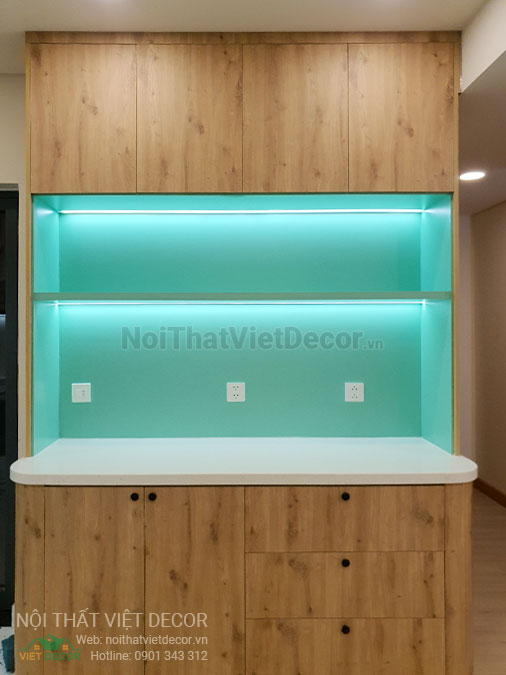 Nội thất Việt Decor thiết kế thi công nội thất căn hộ 3 phòng ngủ chung cư Diamond Alnata, quận Tân Phú TP Hồ Chí Minh, phòng khách bếp, tủ trang trí