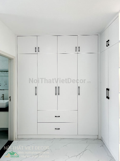Nội Thất Việt Decor thiết kế thi công nội thất, tủ bếp gỗ công nghiệp Ba Thanh nhà liên kế 3 tầng dự án nhà liên kế Lavilla Green City Tân An, Long An, tủ quần áo phòng ngủ