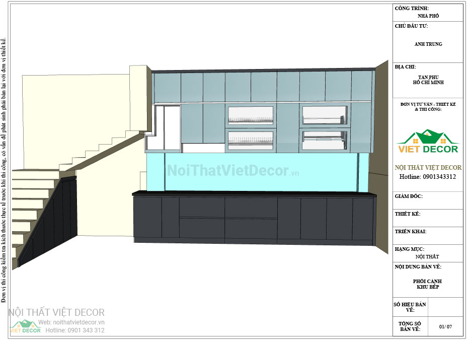 Nội thất Việt Decor thiết kế thi công tủ bếp hiện đại chữ I, gỗ công nghiệp MDF chống ẩm phủ melamine, nhựa sơn 2k An Cường quận Tân Phú Hồ Chí Minh - Hồ sơ chi tiết thi công