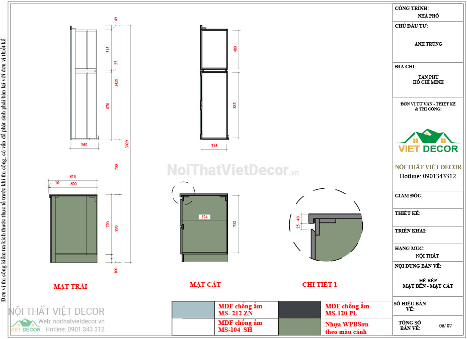Nội thất Việt Decor thiết kế thi công tủ bếp hiện đại chữ I, gỗ công nghiệp MDF chống ẩm phủ melamine, nhựa sơn 2k An Cường quận Tân Phú Hồ Chí Minh - Hồ sơ chi tiết thi công