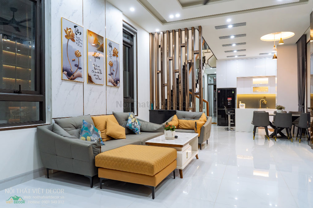 Nội Thất Việt Decor thiết kế thi công nội thất, tủ bếp gỗ công nghiệp An Cường, nhà phố 3 tầng tại thành phố Biên Hòa, Đồng Nai, sofa, bàn tra, vách trang trí