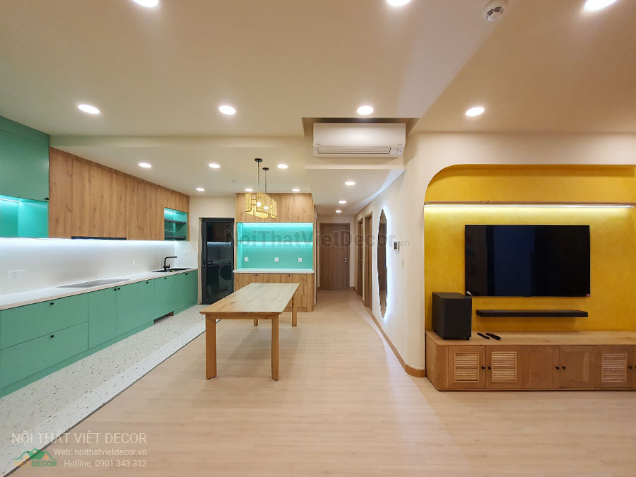 Nội thất Việt Decor thiết kế thi công nội thất căn hộ 3 phòng ngủ chung cư Diamond Alnata, quận Tân Phú TP Hồ Chí Minh, phòng khách bếp