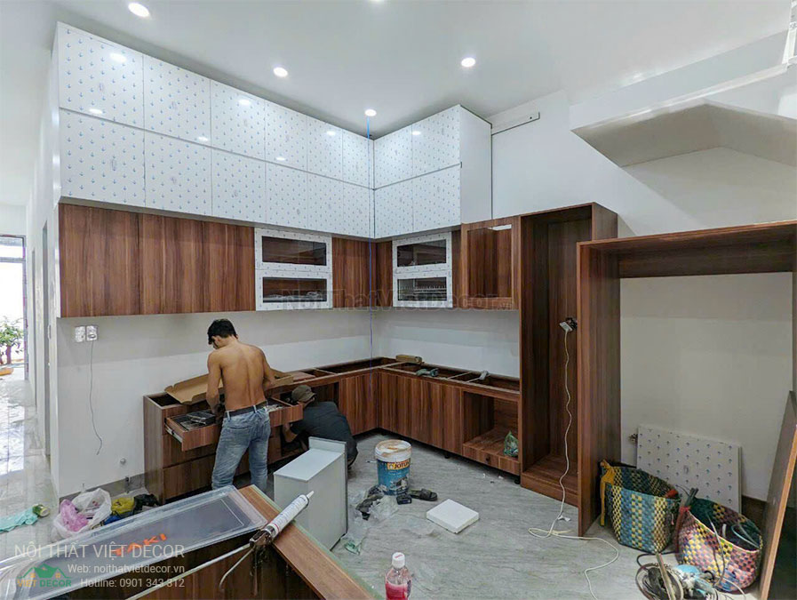 Nội thất Việt Decor Tủ bếp hiện đại chữ L, gỗ công nghiệp MDF chống ẩm phủ melamine An Cường