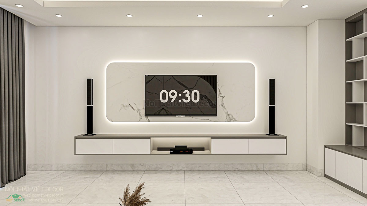 Nội thất Việt Decor thiết kế thi công nội thất nhà liên kế 3 tầng thuộc dự án Lavilla Tân An, Long An, kệ tivi phòng khách