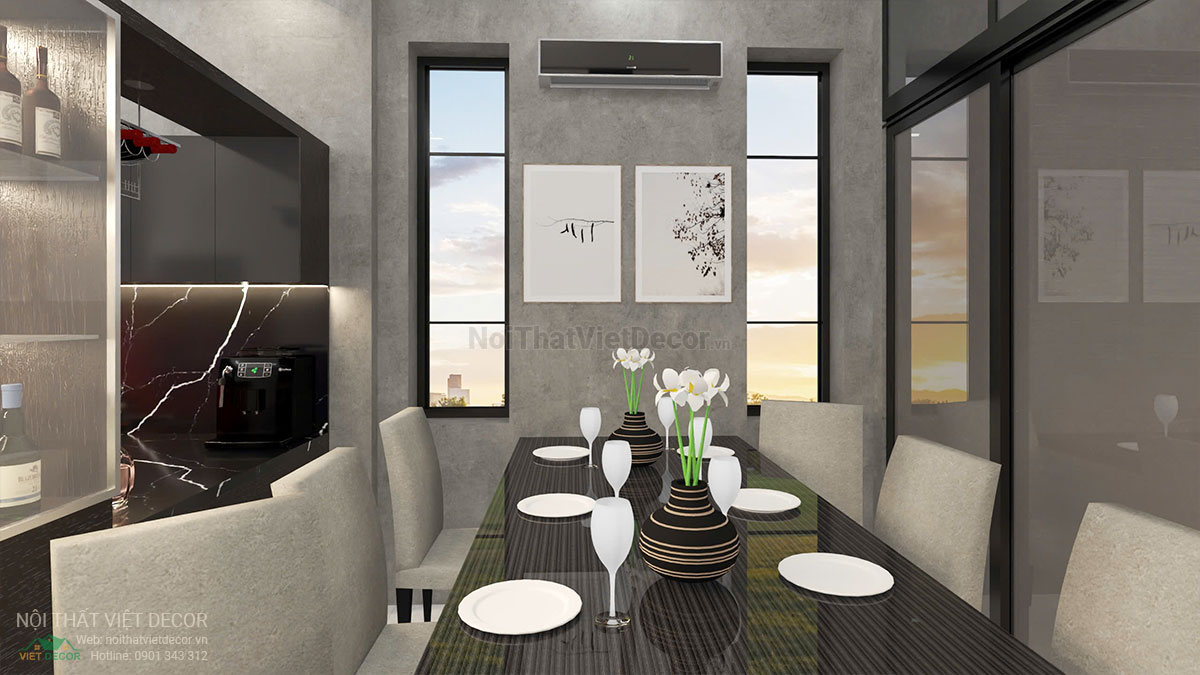 Nội thất Việt Decor thiết kế thi công nội thất hiện đại, biệt thự song lập 3 tầng tại Bến Lức Long An, bàn ăn phòng bếp