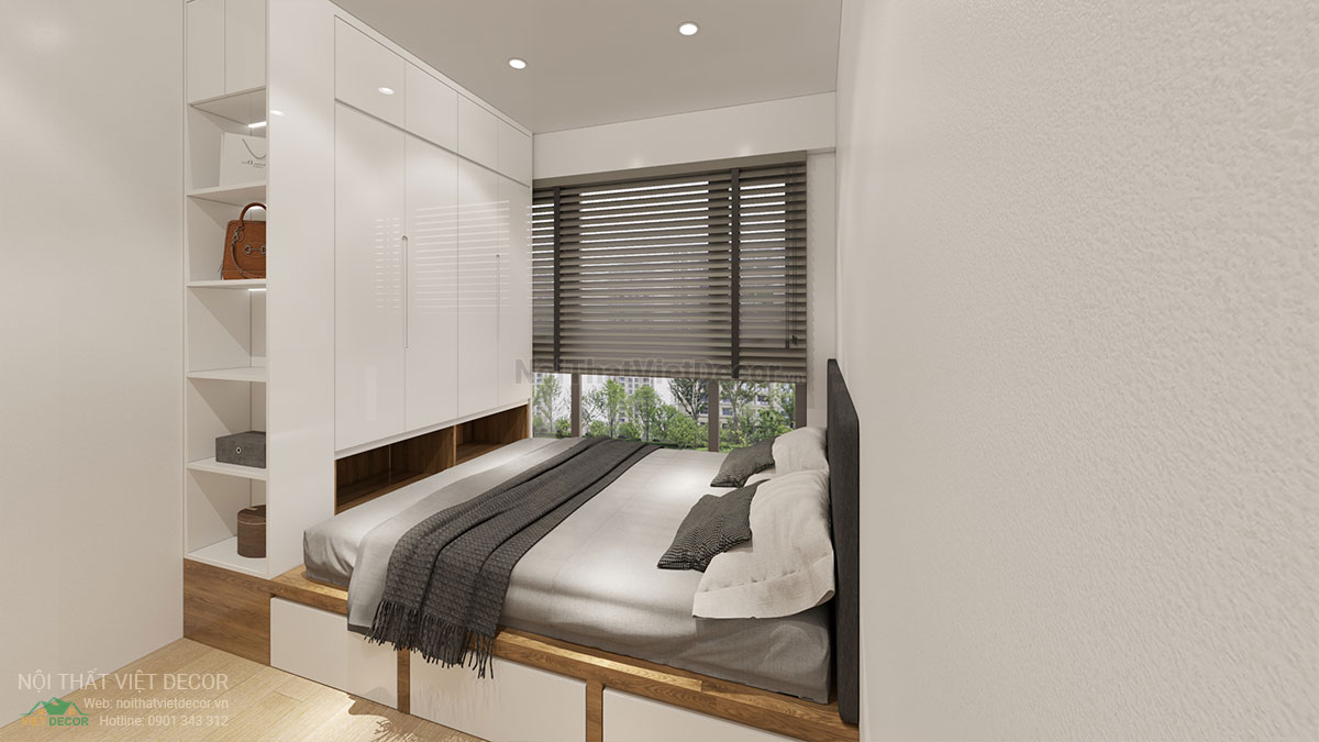 Nội thất Việt Decor thiết kế thi công nội thất căn hộ 2 phòng ngủ masteri centre point tp hồ chí minh, tủ quần áo liền giường phòng ngủ 1