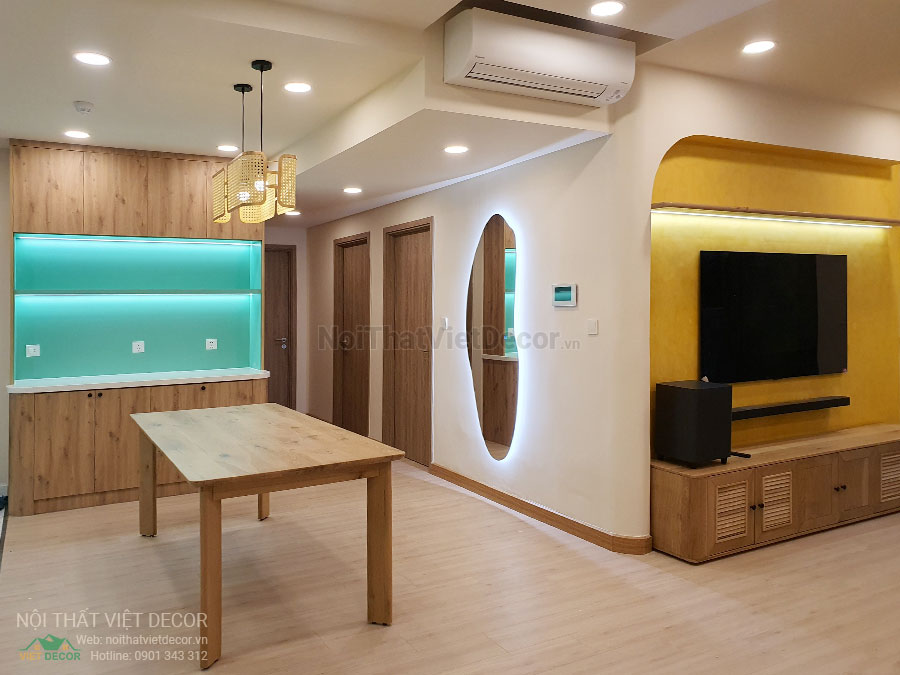 Nội thất Việt Decor thiết kế thi công nội thất căn hộ 3 phòng ngủ chung cư Diamond Alnata, quận Tân Phú TP Hồ Chí Minh, phòng khách bếp kệ ti vi