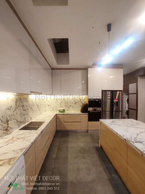 Nội Thất Việt Decor thiết kế thi công nội thất, tủ bếp gỗ công nghiệp An Cường, biệt thự 4 tầng tại dự án Lovera Premier Bình Chánh Tp Hồ Chí Minh, tủ bếp hiện đại chữ U