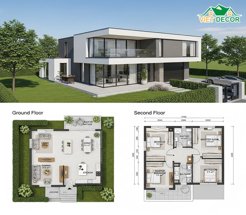 Mẫu nhà 2 tầng mái bằng 5x20 sang trọng kèm bản vẽ thiết kế