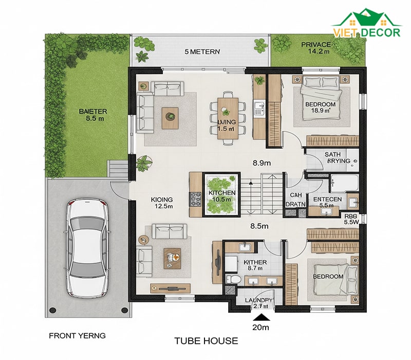 Bản vẽ công năng 5x20m nhà ống 1 tầng 3 phòng ngủ