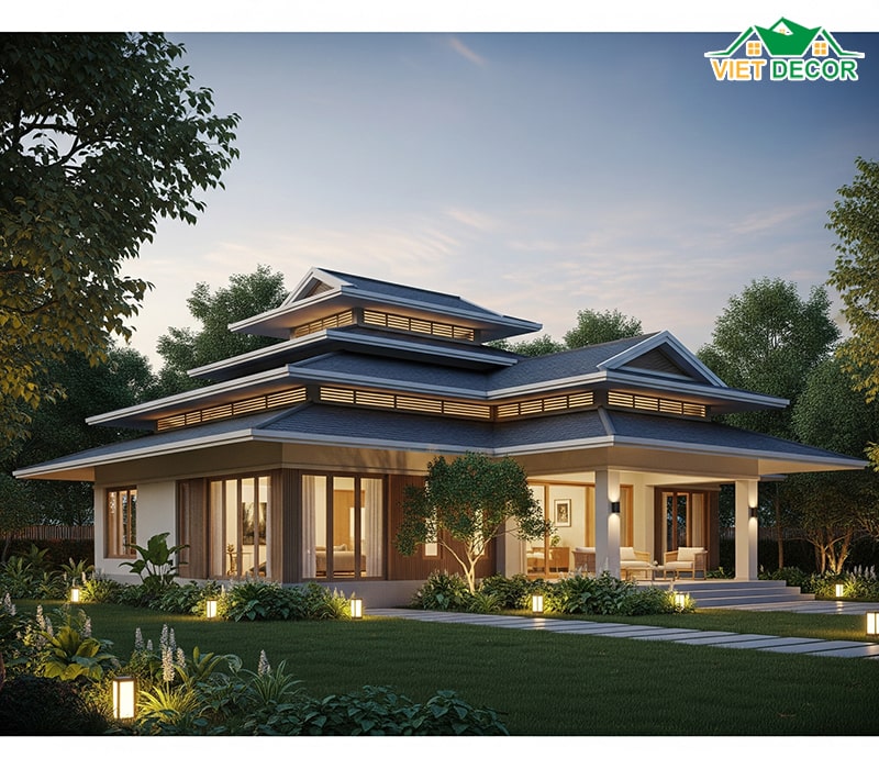 Mẫu thiết kế 5x20m nhà ống 1 tầng 3 phòng ngủ mái nhật