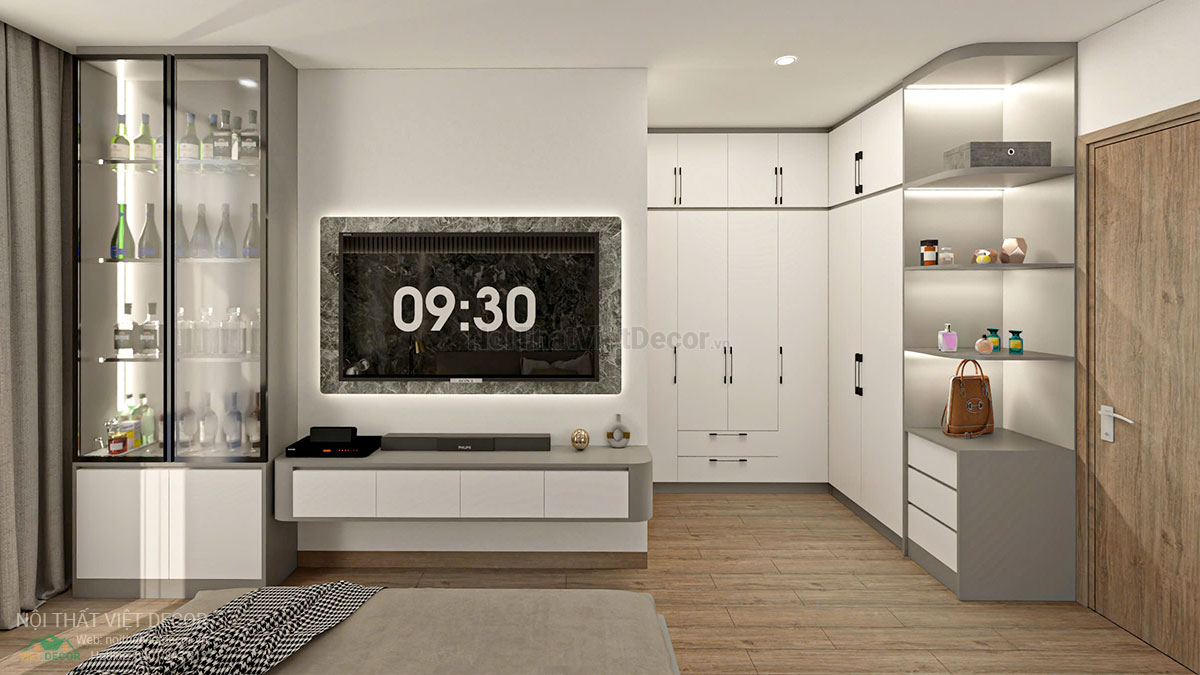 Nội thất Việt Decor thiết kế thi công nội thất nhà liên kế 3 tầng thuộc dự án Lavilla Tân An, Long An, kệ tivi phòng ngủ master