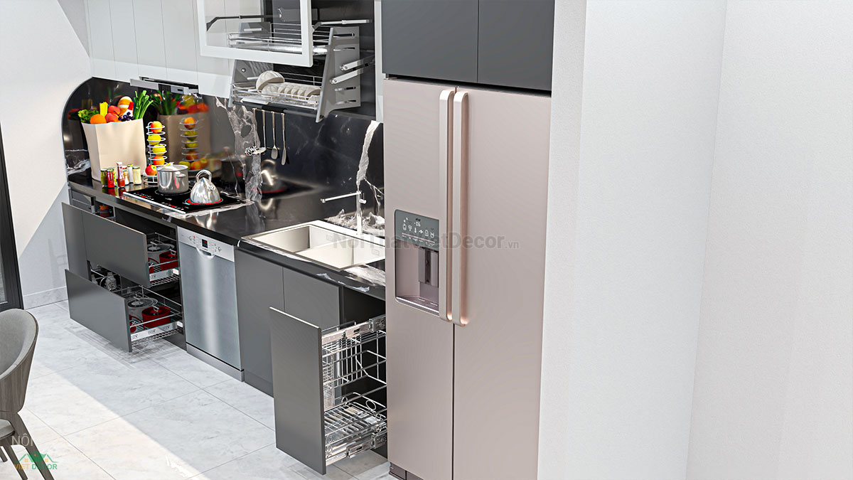 Nội thất Việt Decor thiết kế thi công nội thất nhà ở gia đình 3 tầng thuộc dự án Lavilla Tân An, Long An, tủ bếp bố trí phụ kiện