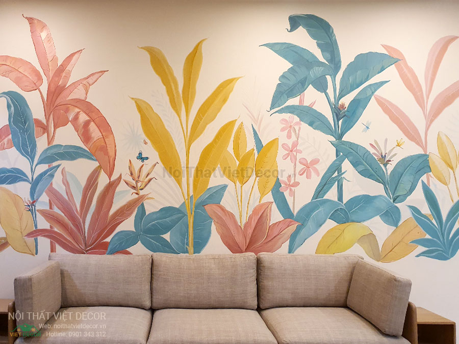 Nội thất Việt Decor thiết kế thi công nội thất căn hộ 3 phòng ngủ chung cư Diamond Alnata, quận Tân Phú TP Hồ Chí Minh, phòng khách bếp, tranh vẽ tường