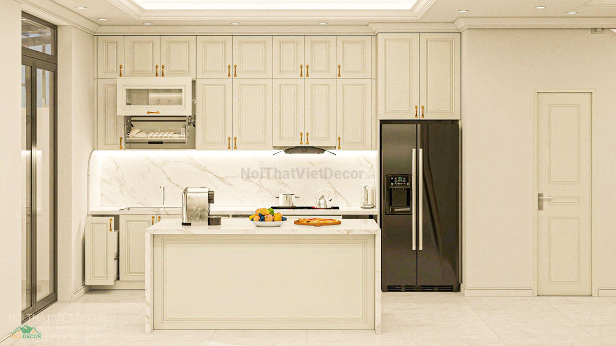 Nội thất Việt Decor thiết kế thi công nội thất tân cổ điển sang trọng luxury, nhà liên kế 3 tầng thuộc dự án Lavilla Green City Tân An, Long An, tủ bếp