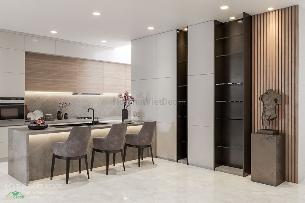Nội thất Việt Decor thiết kế thi công nội thất nhà phố 3 phòng ngủ tại quận 7, thành phố Hồ Chí Minh, phối cảnh 3D tủ bếp