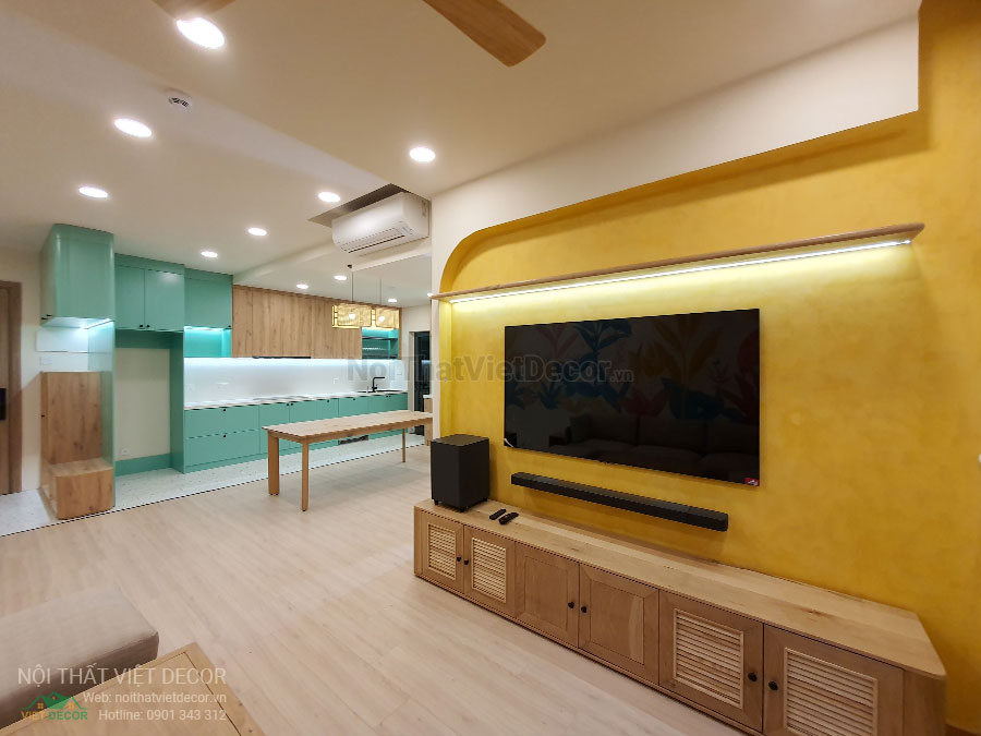 Nội thất Việt Decor thiết kế thi công nội thất căn hộ 3 phòng ngủ chung cư Diamond Alnata, quận Tân Phú TP Hồ Chí Minh, phòng khách bếp, kệ ti vi