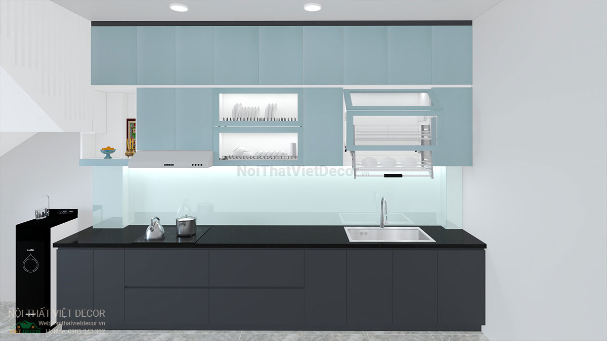 Nội thất Việt Decor thiết kế thi công tủ bếp hiện đại chữ I, gỗ công nghiệp MDF chống ẩm phủ melamine, nhựa sơn 2k An Cường quận Tân Phú Hồ Chí Minh - Thiết kế phương án phối cảnh 3D