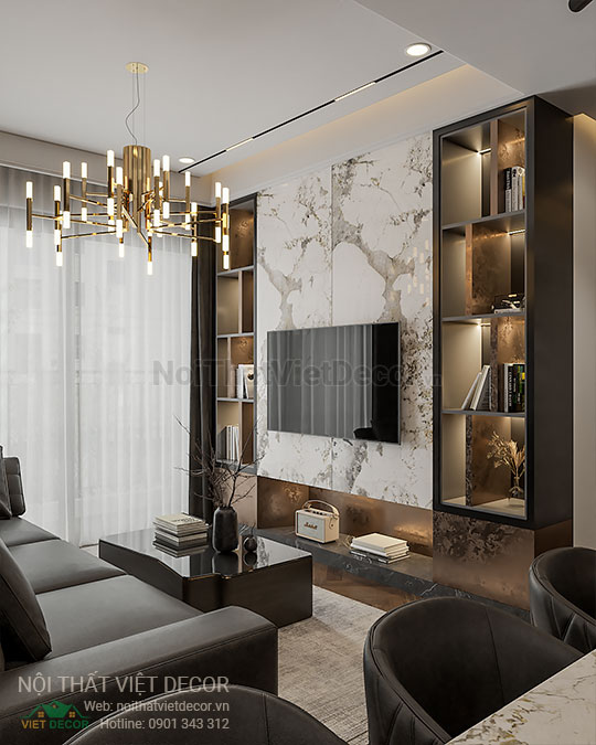 Nội thất Việt Decor thiết kế thi công nội thất căn hộ 3 phòng ngủ 89.39 m2 tại tp hồ chí minh phòng khách kệ ti vi