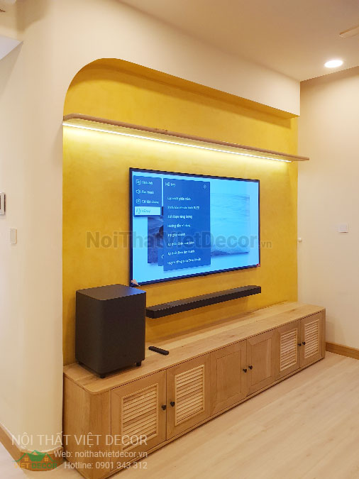 Nội thất Việt Decor thiết kế thi công nội thất căn hộ 3 phòng ngủ chung cư Diamond Alnata, quận Tân Phú TP Hồ Chí Minh, phòng khách bếp, kệ ti vi