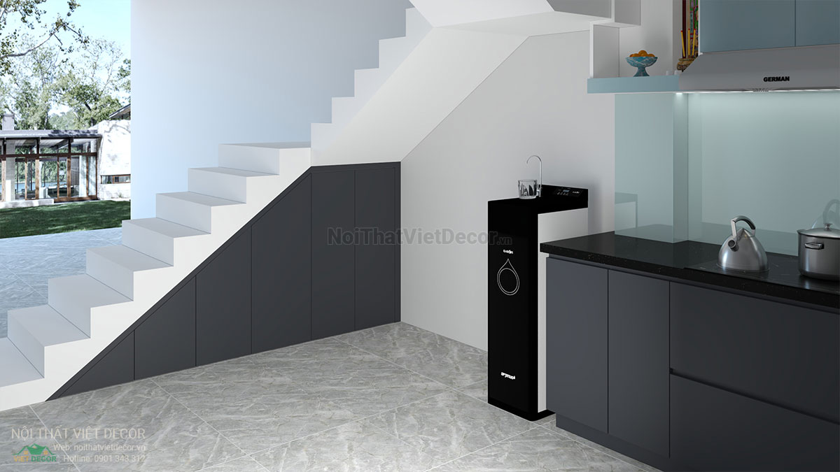 Nội thất Việt Decor thiết kế thi công tủ bếp hiện đại chữ I, gỗ công nghiệp MDF chống ẩm phủ melamine, nhựa sơn 2k An Cường quận Tân Phú Hồ Chí Minh - Thiết kế phương án phối cảnh 3D tủ dưới cầu thang