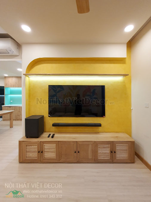 Nội thất Việt Decor thiết kế thi công nội thất căn hộ 3 phòng ngủ chung cư Diamond Alnata, quận Tân Phú TP Hồ Chí Minh, phòng khách bếp, kệ ti vi