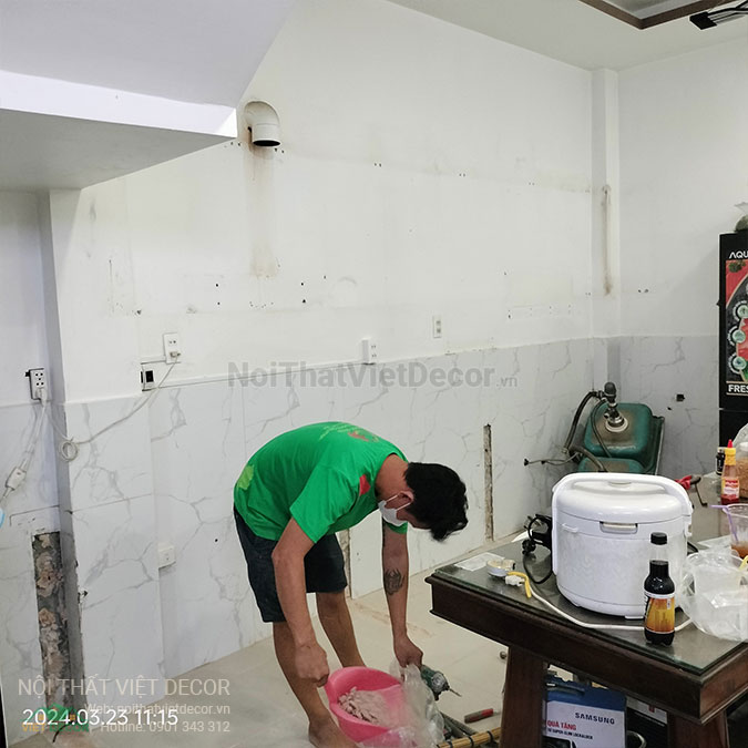 Nội thất Việt Decor thiết kế thi công tủ bếp hiện đại chữ I, gỗ công nghiệp MDF chống ẩm phủ melamine, nhựa sơn 2k An Cường quận Tân Phú Hồ Chí Minh - Tháo dỡ mặt bằng