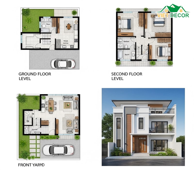 Mẫu nhà ống 6x12m 2 tầng có sân trước/gara ô tô
