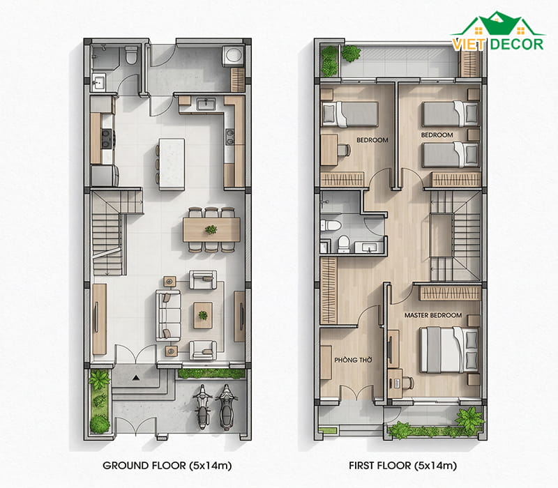 Mẫu bản vẽ thiết kế nhà 2 tầng 5x14m 3 phòng ngủ hiện đại