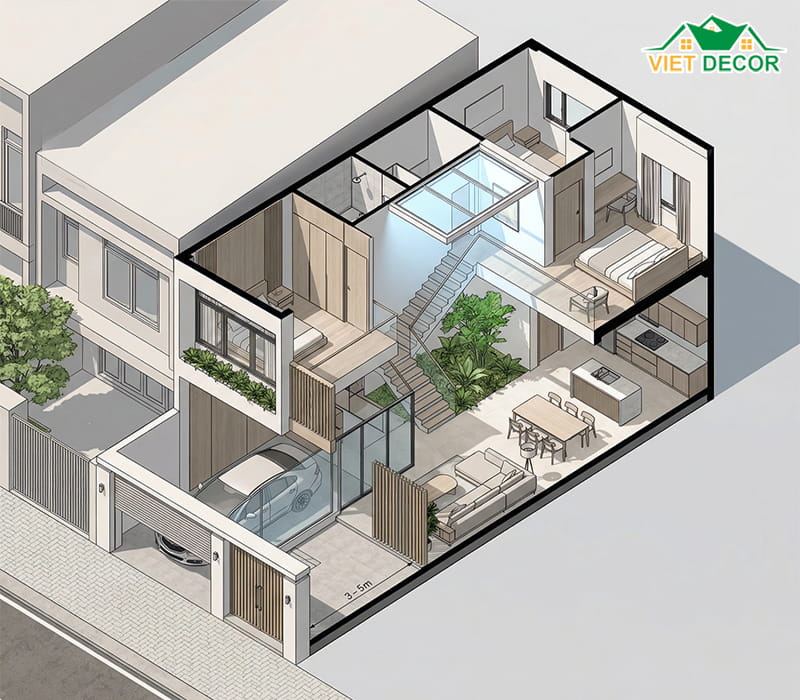 Bản vẽ thiết kế nhà ống 2 tầng 5x14m có gara ô tô