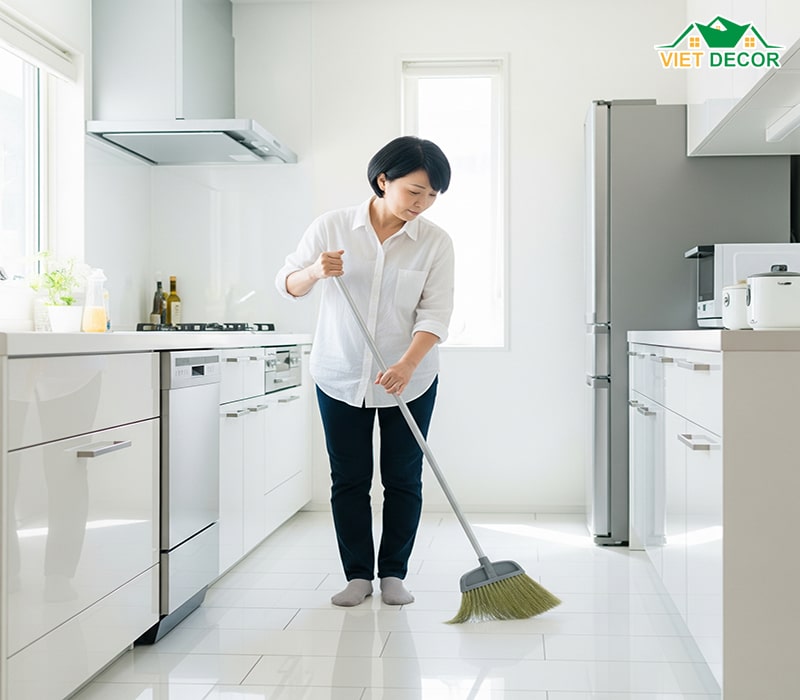 Quét hoặc hút bụi sơ qua sàn nhà