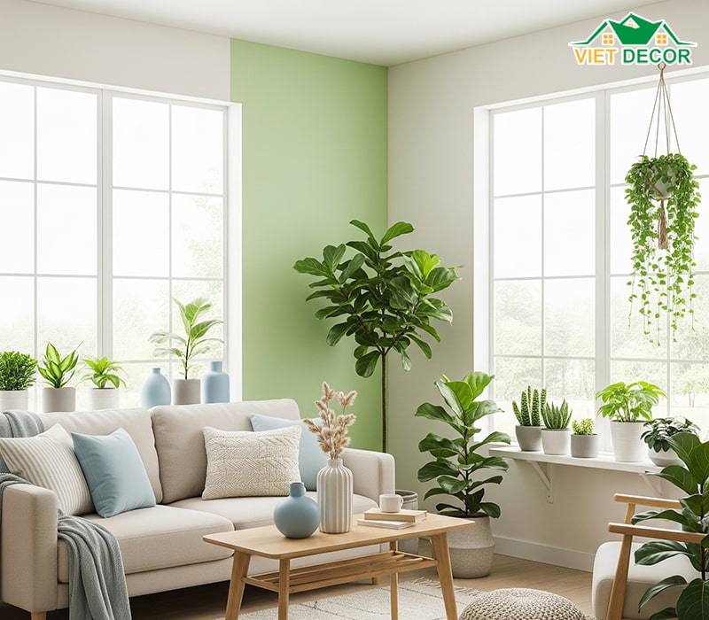 Phối màu sơn phòng khách nhỏ tươi mát, gần gũi thiên nhiên
