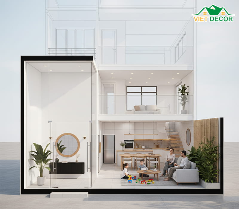Mặt bằng công năng tầng 1: Khu vực sinh hoạt chung
