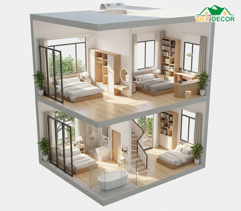 Tầng 2 và Tầng 3: Không gian nghỉ ngơi riêng tư