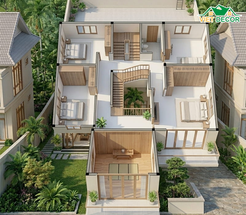 Cách sắp xếp tầng 2: 3 Phòng ngủ, Phòng thờ & Sân thượng