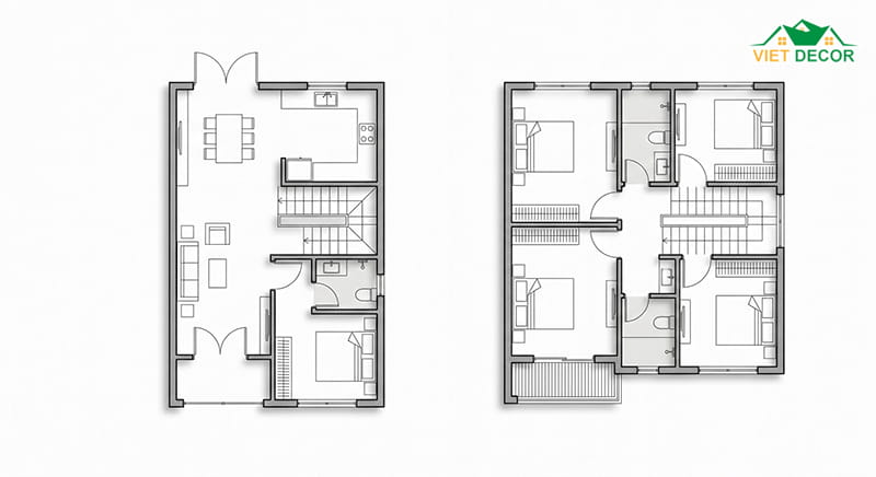 Bản vẽ thiết kế nhà 2 tầng 3 phòng ngủ (Cho gia đình 4 người)