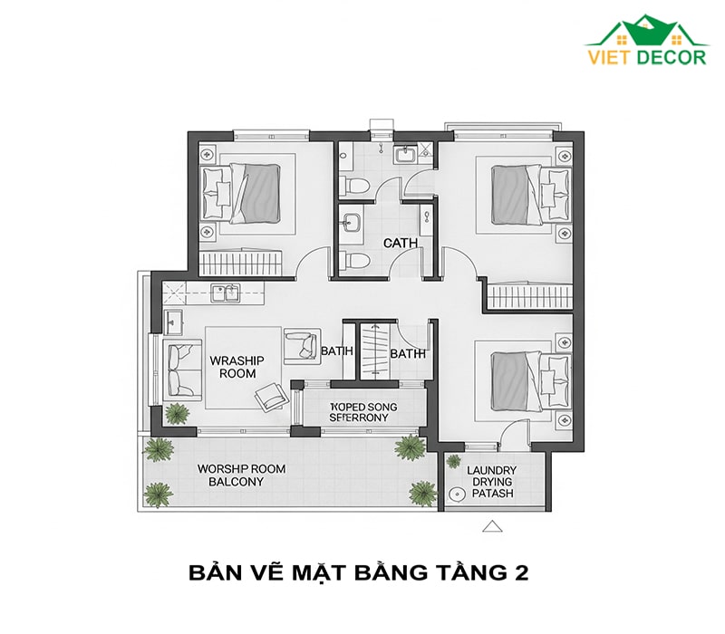 Bản vẽ mặt bằng tầng 2: 3-4 phòng ngủ (tùy diện tích), 1 WC chung