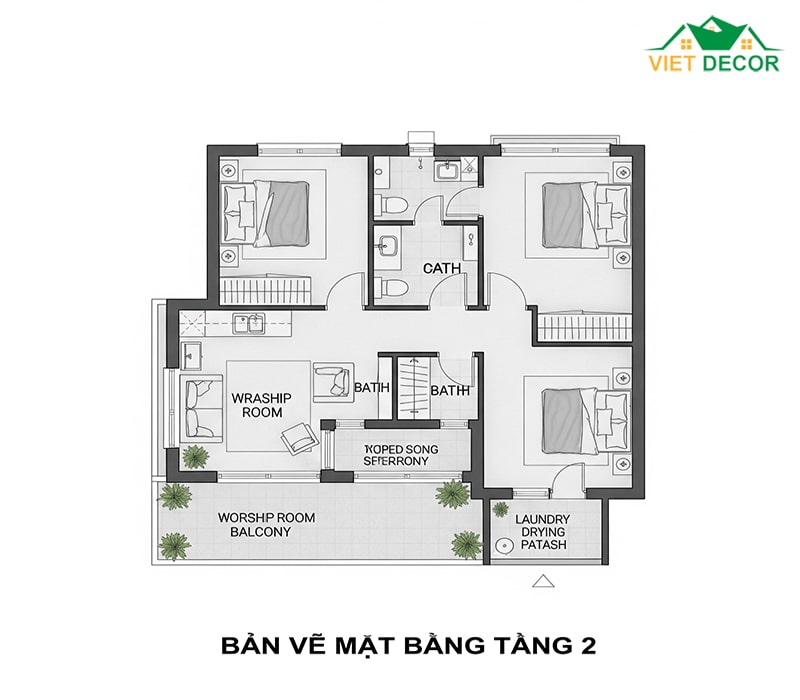 Bản vẽ mặt bằng tầng 2: 2 phòng ngủ, phòng thờ, 1 WC, sân phơi