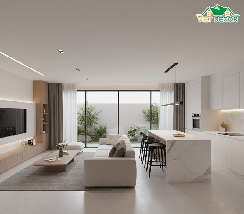 Thiết kế nội thất phòng khách và bếp hiện đại