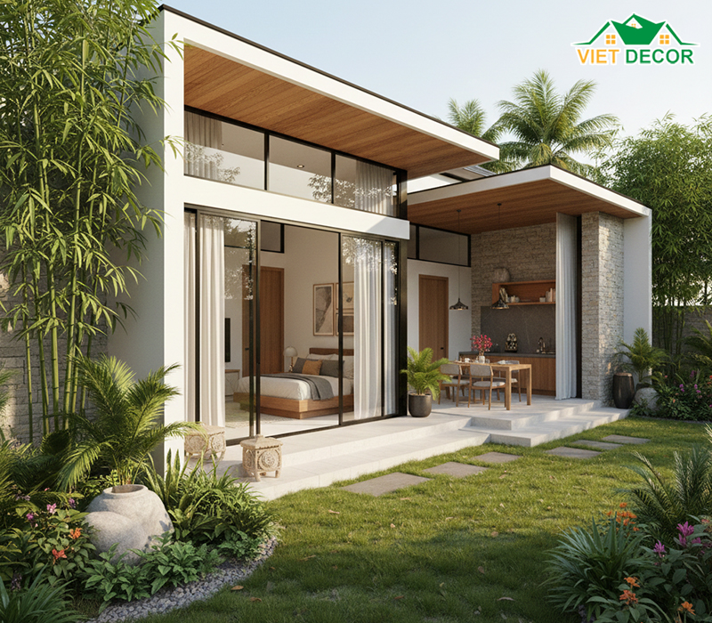 Mẫu nhà vườn cấp 4 120m2 không gian mở