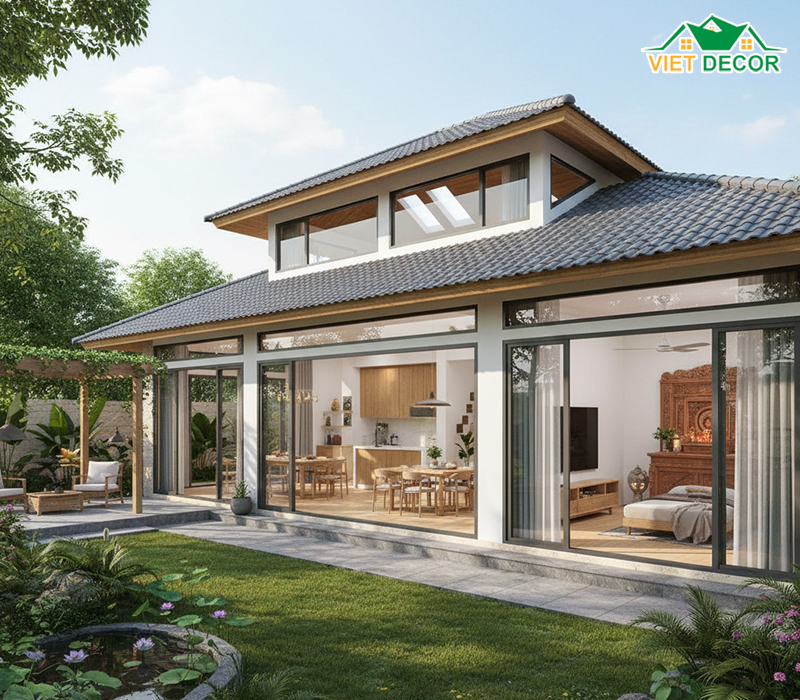 Mẫu nhà vườn cấp 4 120m2 không gian mở