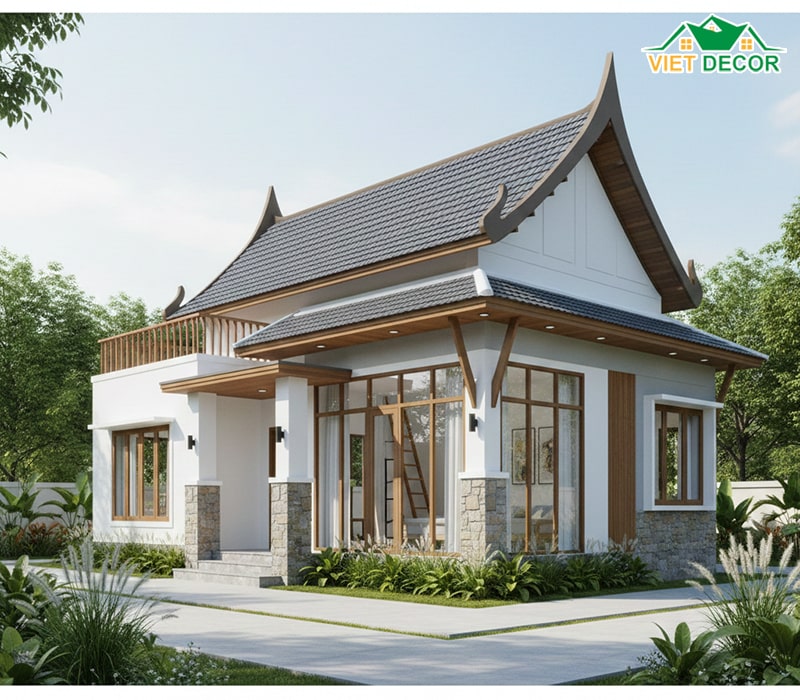 Mẫu nhà cấp 4 gác lửng mái Thái sang trọng