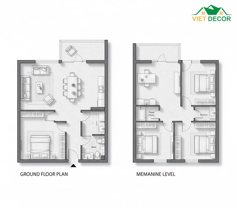 Mặt bằng nhà cấp 4 5x20 có gác lửng
