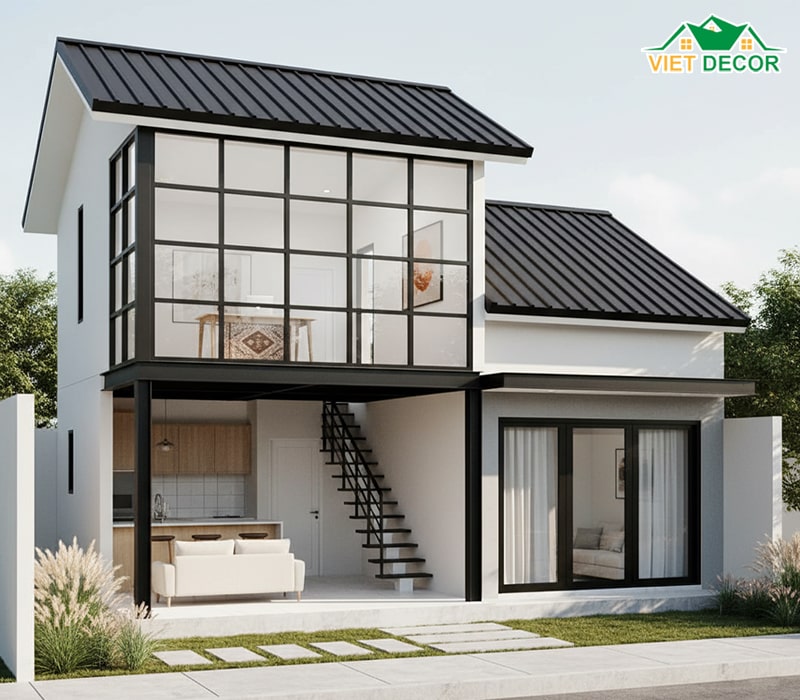 Mẫu nhà cấp 4 5x20 mái tôn có gác lửng